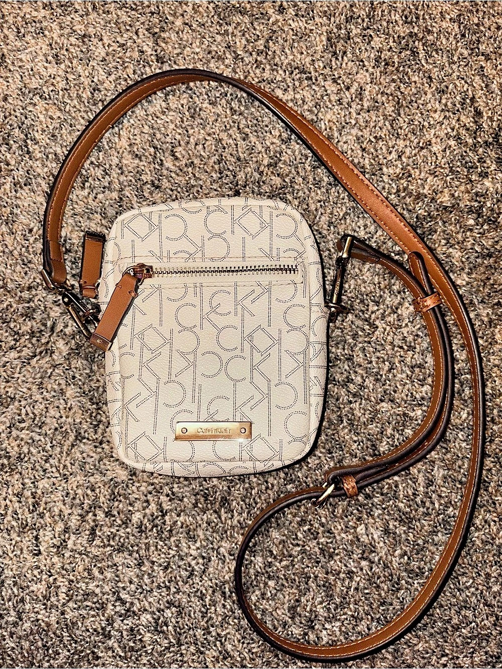 Calvin Klein Monogram Logo Crossbody Bag White & Brown